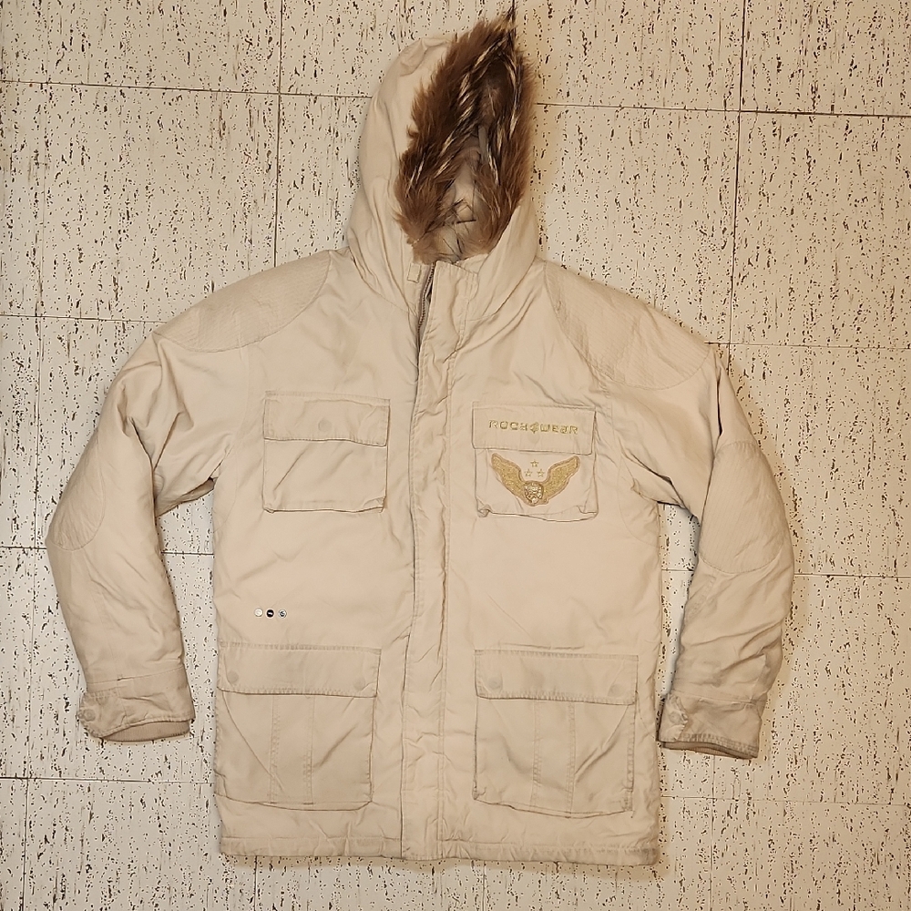 Rocawear Cream Full Zip Spellout Winter Racoon Fur Hooded Jacket Vintage